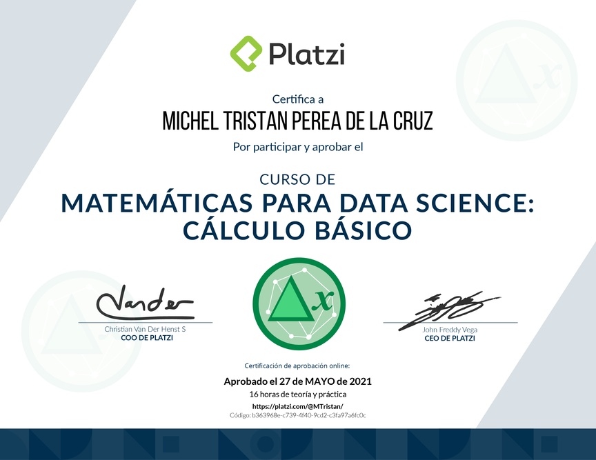 Diploma del Curso de Matemáticas para Data Science: Cálculo Básico