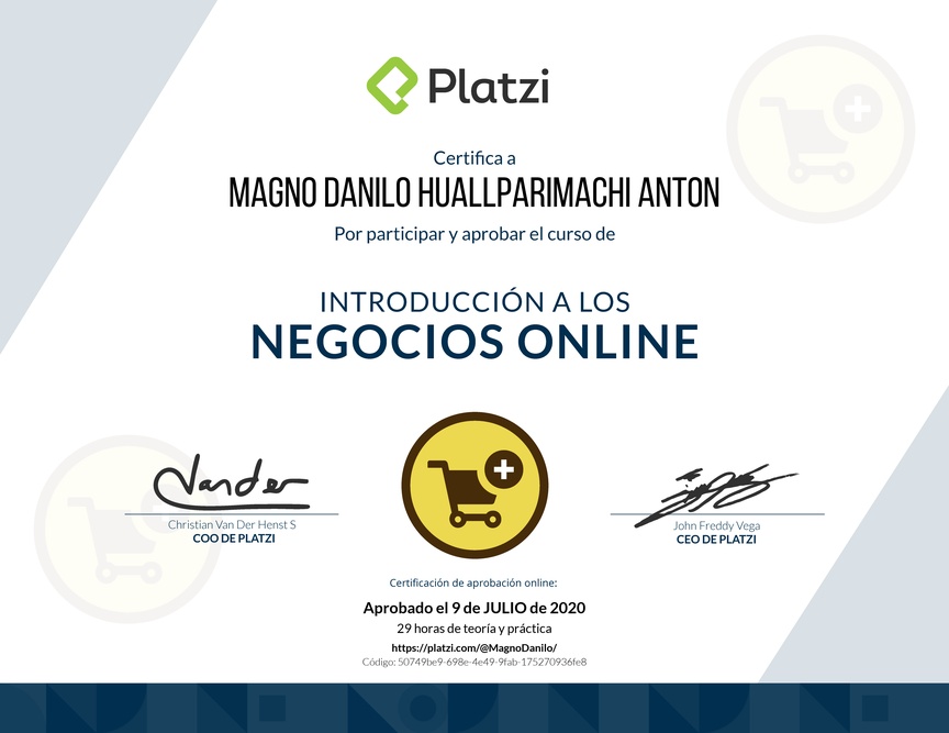 Diploma del Curso de Introducción a los Negocios Online en Ecommerce