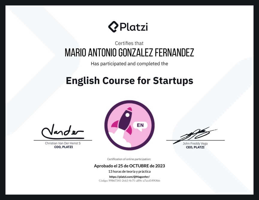 Diploma del Curso para Startups en Inglés (2021)