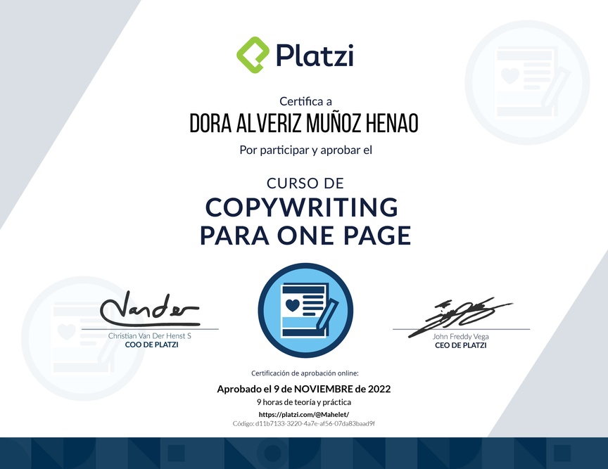 Diploma del Curso de Copywriting para One Page Web