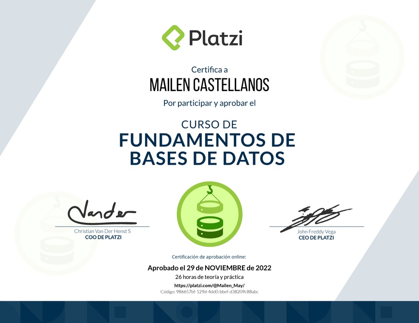 Diploma del Curso de Fundamentos de Bases de Datos 2019