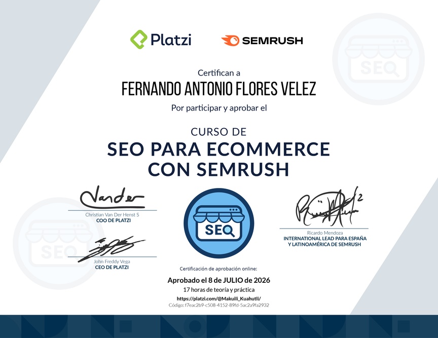 Diploma del Curso de SEO para E-Commerce con Semrush