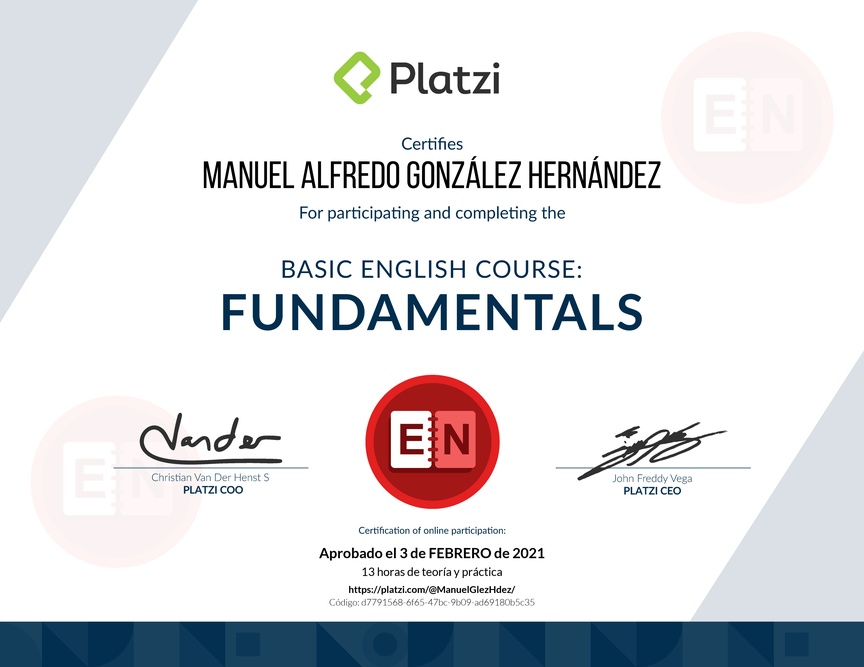 Diploma del Curso de Inglés Básico: Fundamentos 2018