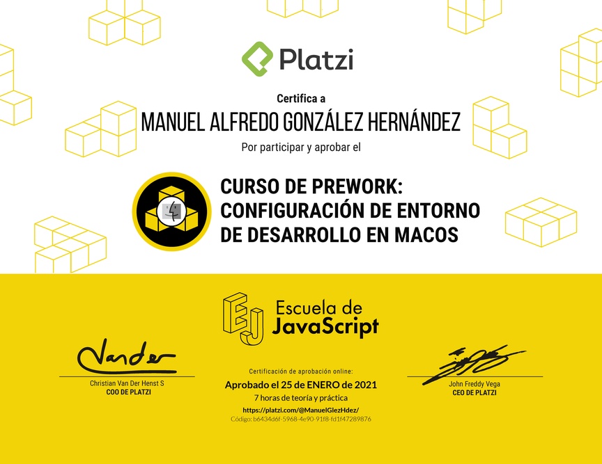 Diploma del Curso de Prework: Buenas Prácticas y Entorno de Desarrollo en macOS 2019