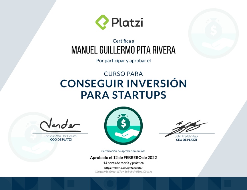 Diploma del Curso para Conseguir Inversión para Startups en Etapa Temprana