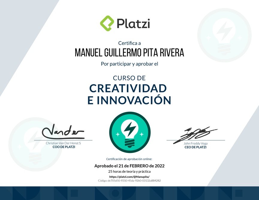 Diploma del Curso de Creatividad e Innovación