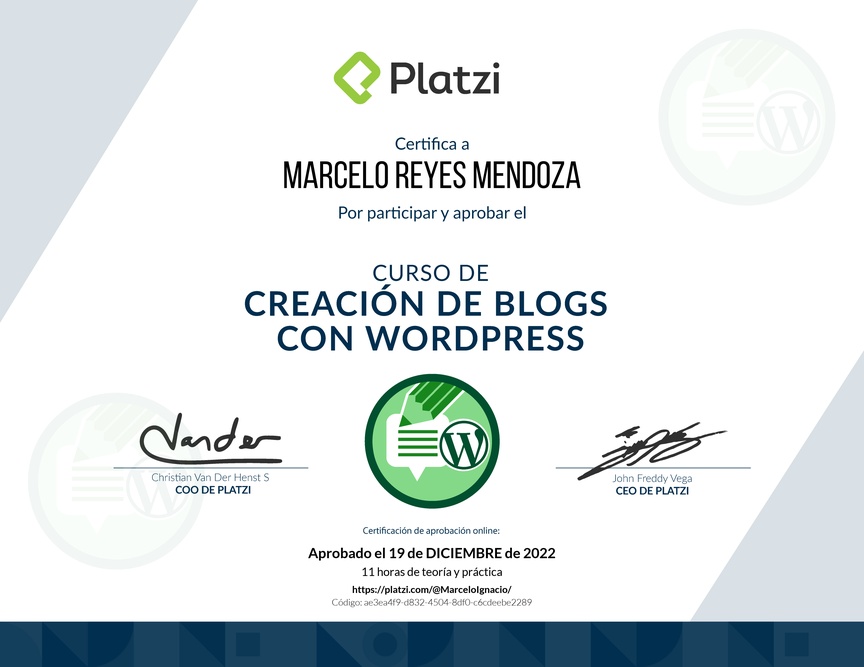 Diploma del Curso de Creación de Blogs con WordPress