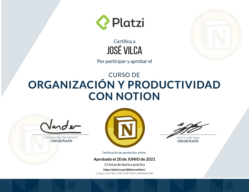 Diploma del Curso de Organización y Productividad con Notion (2021)