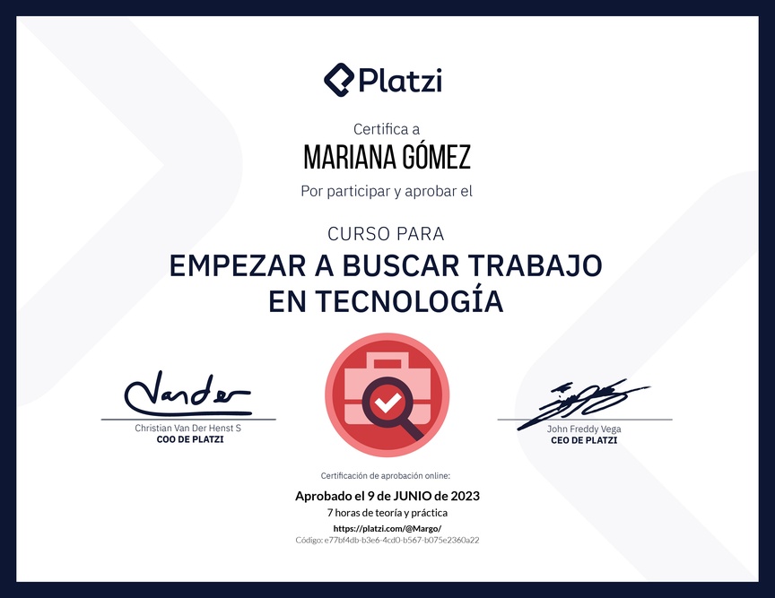 Diploma del Curso para Empezar a Buscar Trabajo en Tecnología