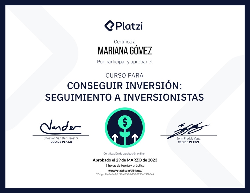 Diploma del Curso para Conseguir Inversión: Seguimiento a Inversionistas