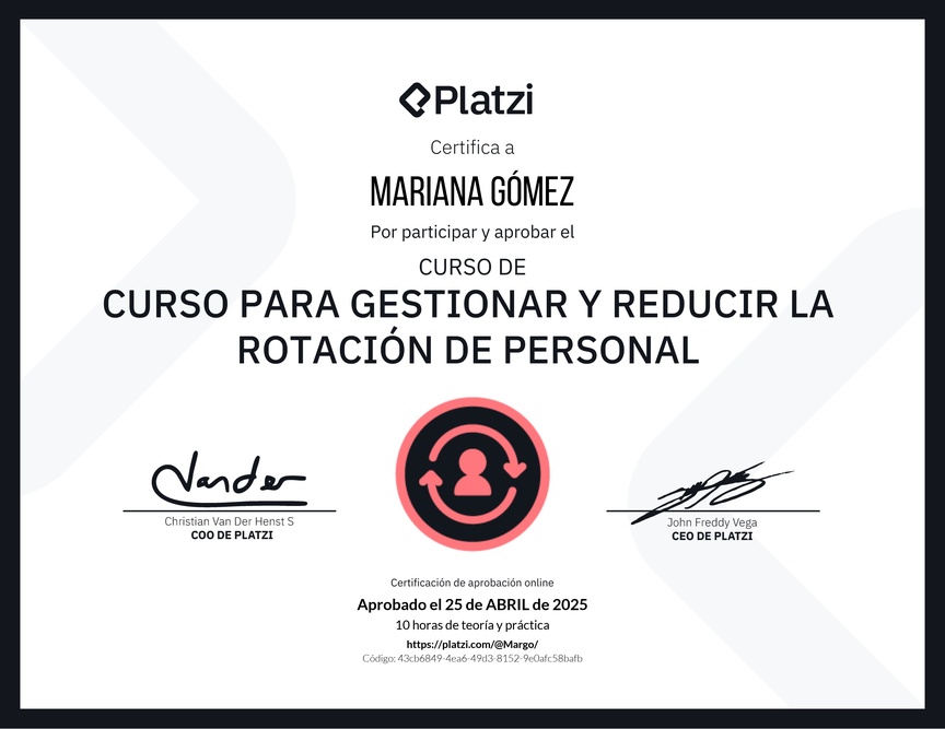 Diploma del Curso para Gestionar y Reducir la Rotación de Personal