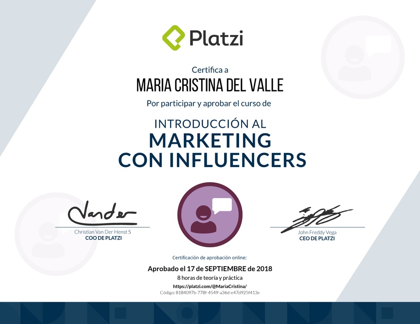Diploma de Introducción al marketing con influencers 2017