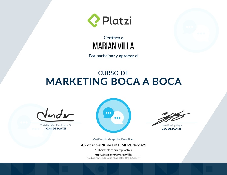 Diploma del Curso de Marketing de Boca a Boca
