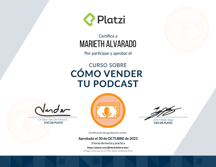 Diploma del Curso sobre Cómo Vender tu Podcast