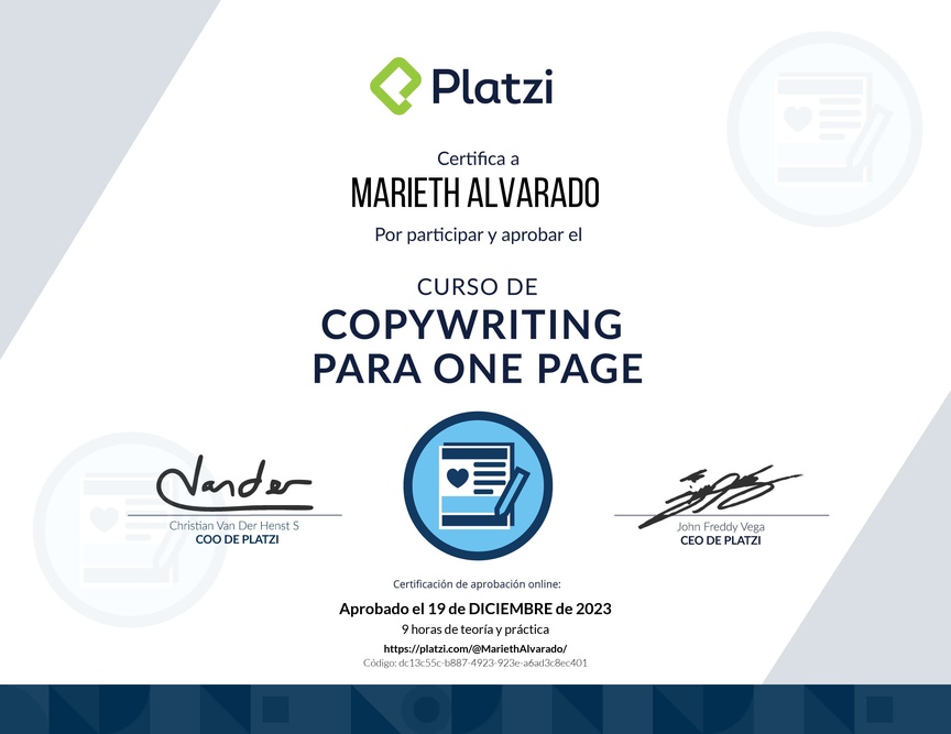 Diploma del Curso de Copywriting para One Page Web