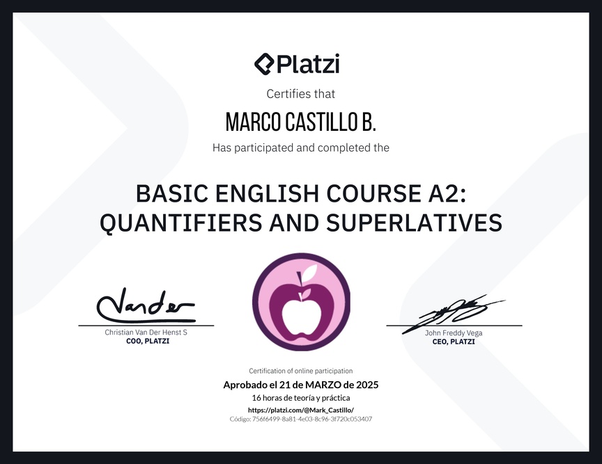 Diploma del Curso de Inglés Básico A2: Cuantificadores y Superlativos