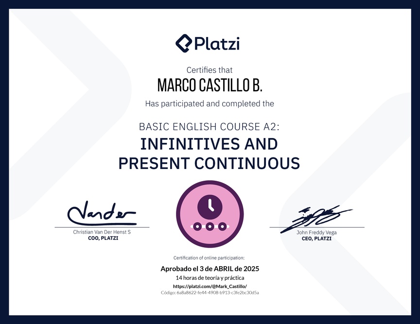 Diploma del Curso de Inglés Básico A2: Infinitivos y Presente Continuo