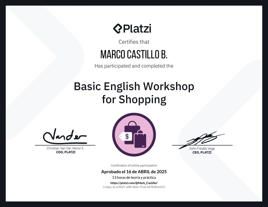 Diploma del Curso de Inglés Práctico para Compras
