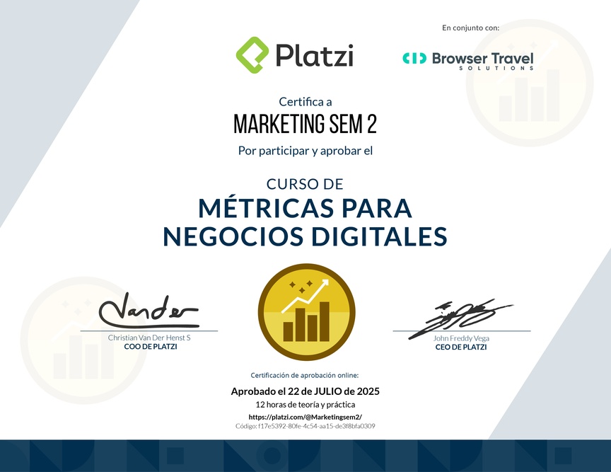 Diploma del Curso de Métricas para Medir el Crecimiento de tu Negocio Digital