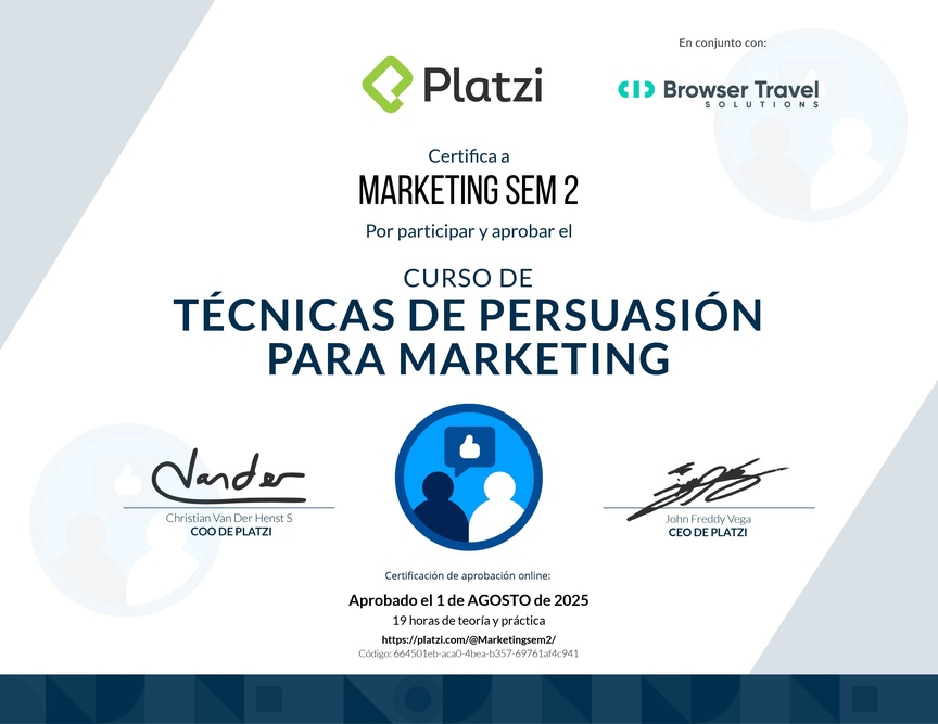 Diploma del Curso de Persuasión y Decisión en Marketing Digital
