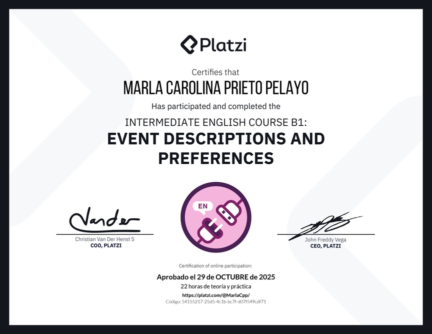 Diploma del Curso de Inglés Intermedio B1: Descripción de Eventos y Preferencias