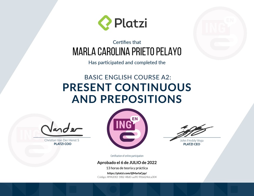 Diploma del Curso de Inglés Básico A2: Preposiciones y Presente Continuo (2021)