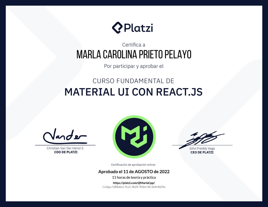 Diploma del Curso Fundamental de Material UI con React