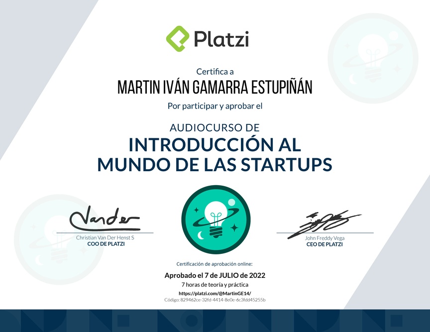 Diploma de Audiocurso de Introducción al Mundo de las Startups