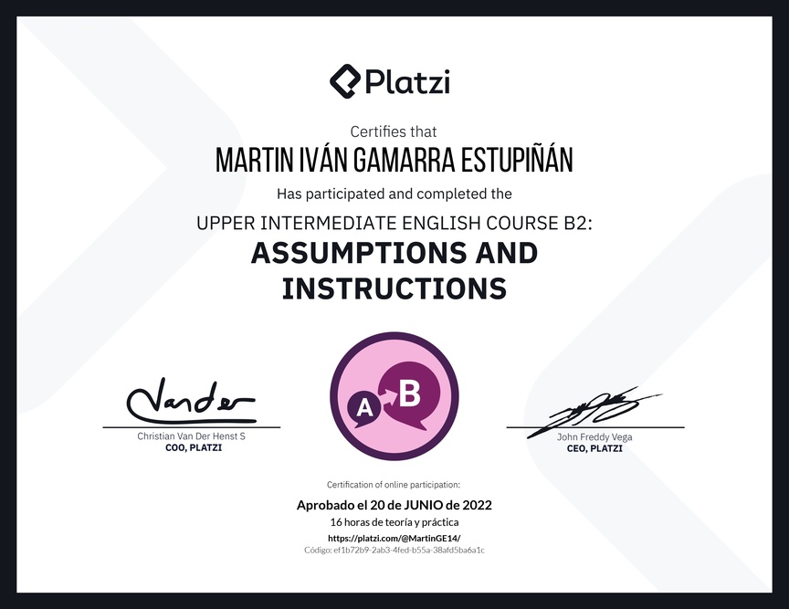Diploma del Curso de Inglés Intermedio Alto B2: Suposiciones e Instrucciones