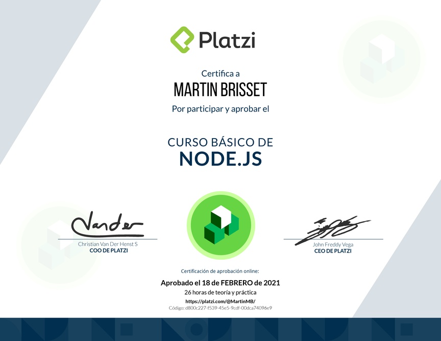 Diploma del Curso Básico de Node.js 2018