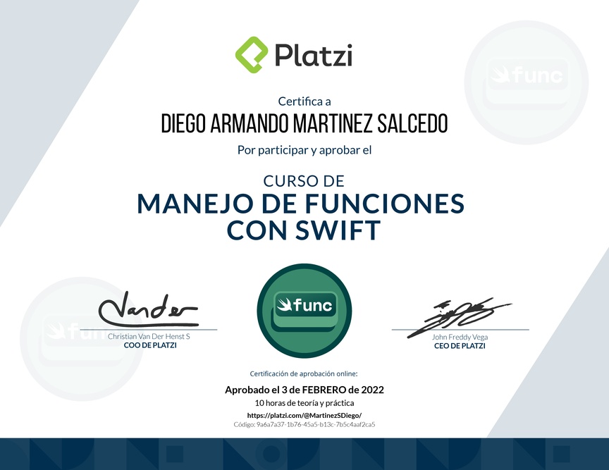 Diploma del Curso de Programación con Swift: Funciones (2019)