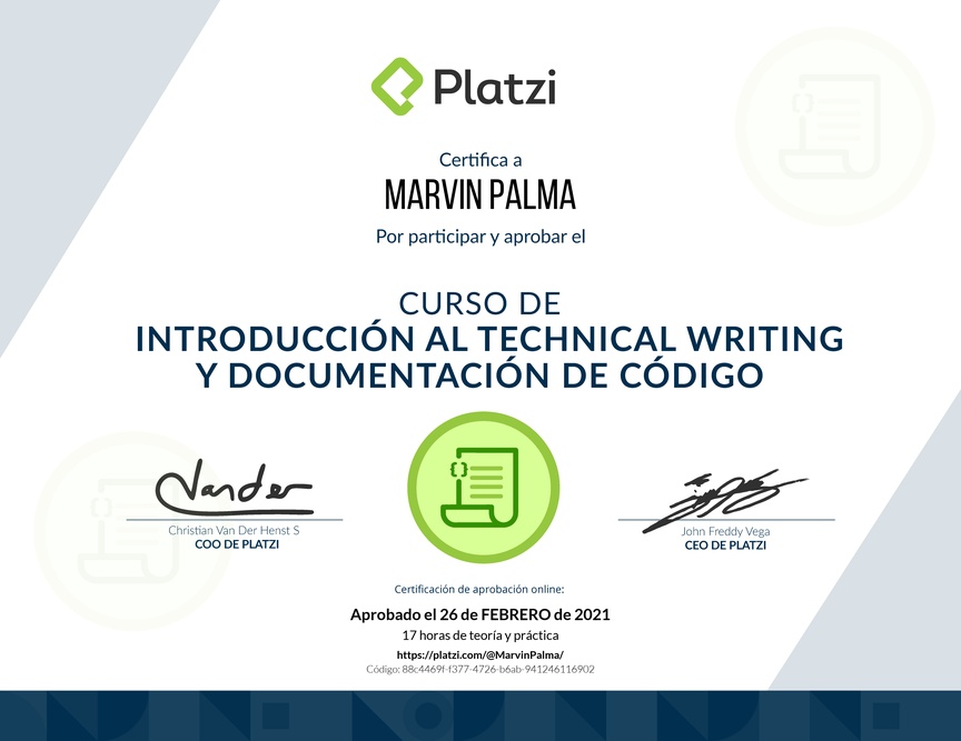 Diploma del Curso de Introducción al Technical Writing y Documentación de Código