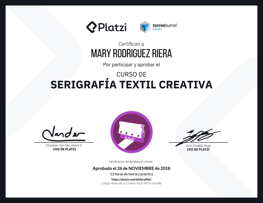 Diploma del Curso de Serigrafía Textil Creativa