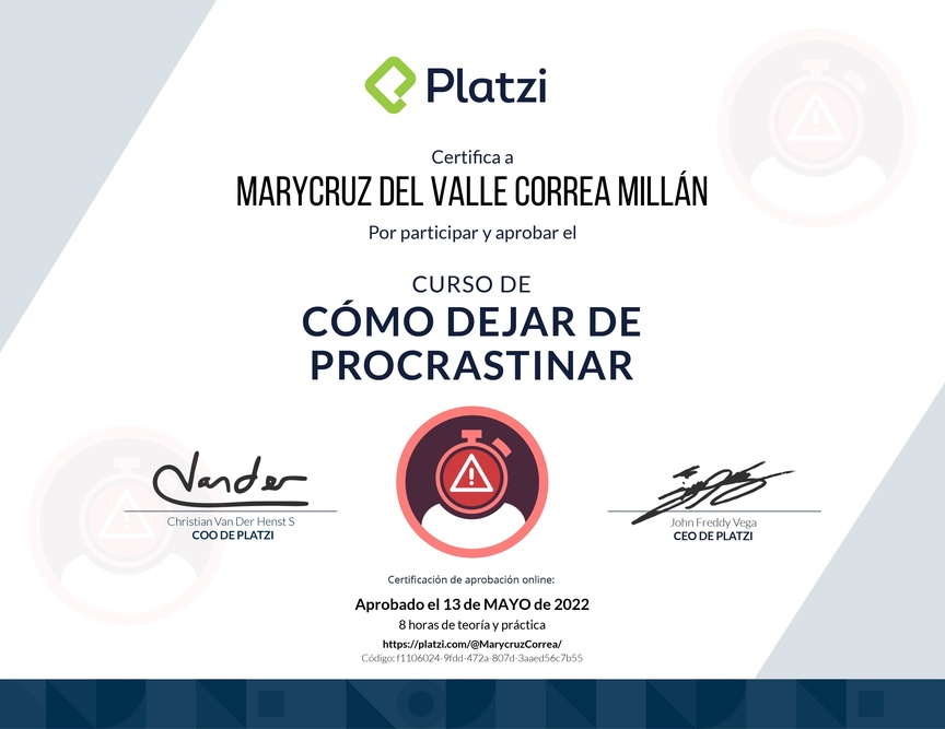 Diploma del Curso de Cómo Dejar de Procrastinar