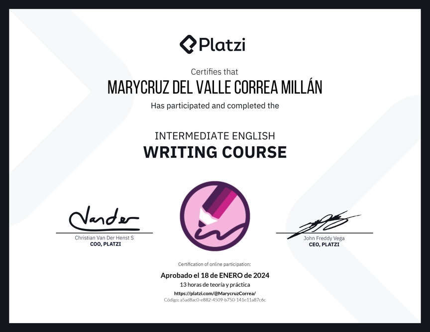 Diploma del Curso Intermedio de Escritura en Inglés