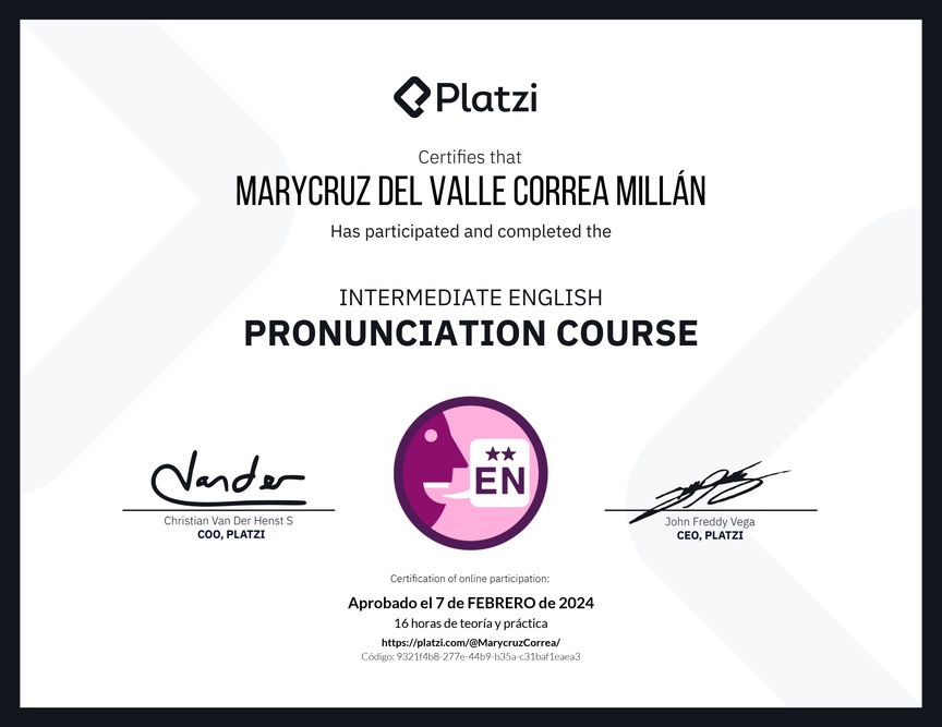 Diploma del Curso Intermedio de Pronunciación en Inglés