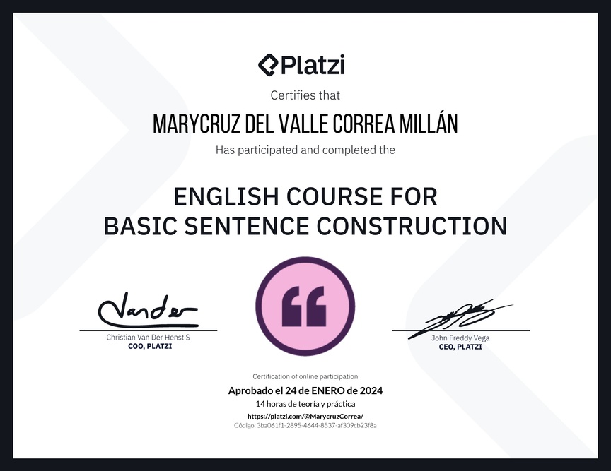 Diploma del Curso de Construcción de Oraciones en Inglés