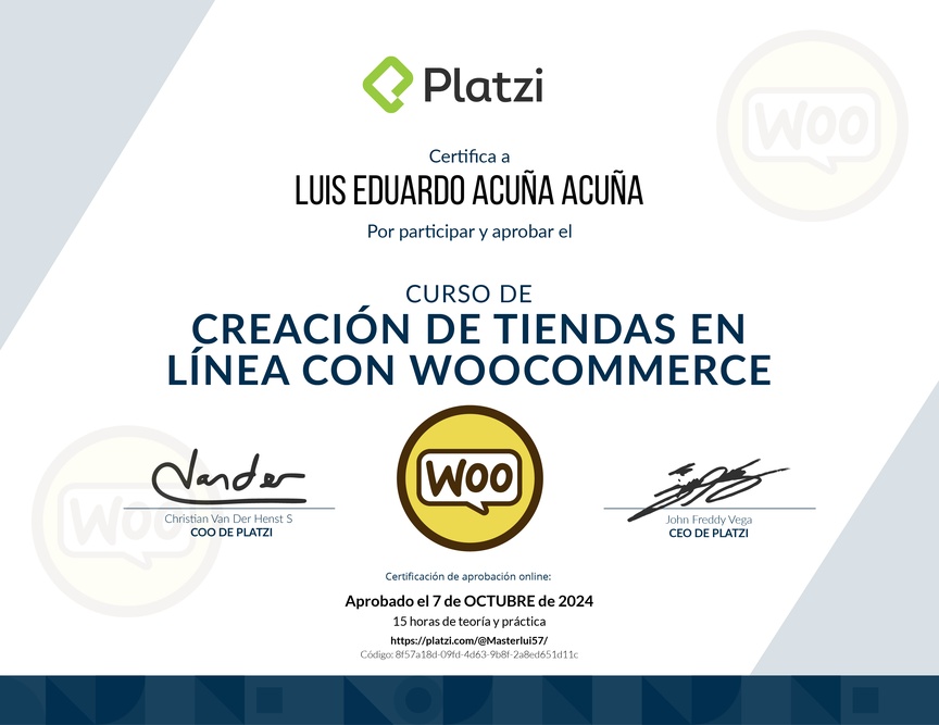Diploma del Curso de Creación de Tiendas en Línea con WooCommerce