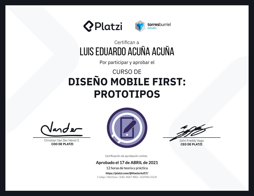 Diploma del Curso de Diseño Mobile First: Prototipos