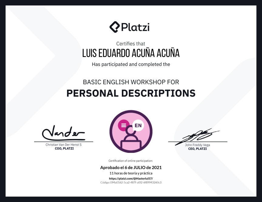 Diploma del Curso de Inglés Práctico para Descripciones Personales (2020=