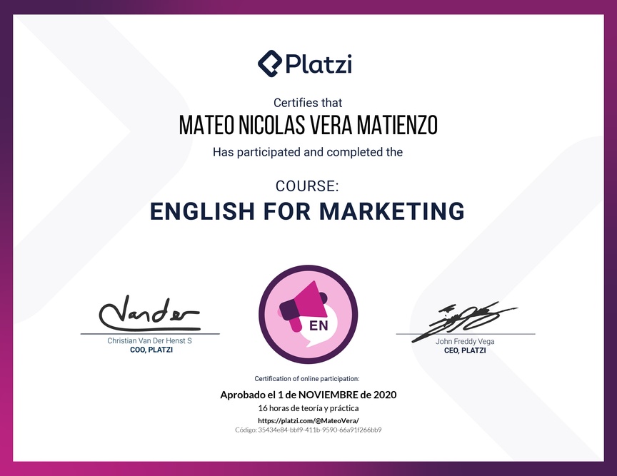 Diploma del Curso para Marketing en Inglés (2020)