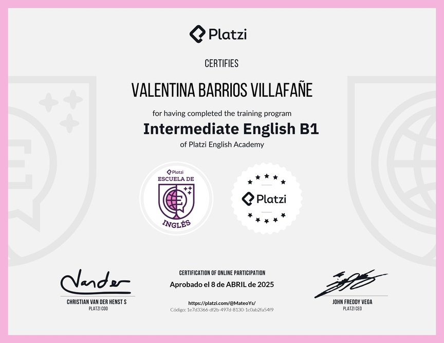 Diploma de la Ruta de Aprendizaje de Inglés Intermedio B1