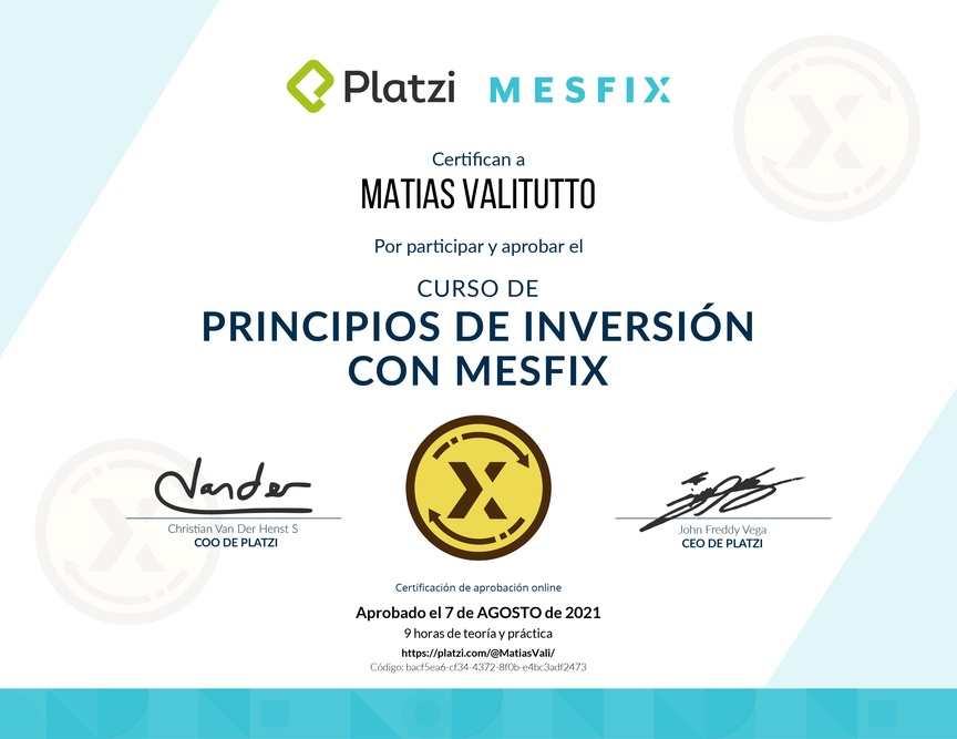 Diploma del Curso de Principios de Inversión con Mesfix