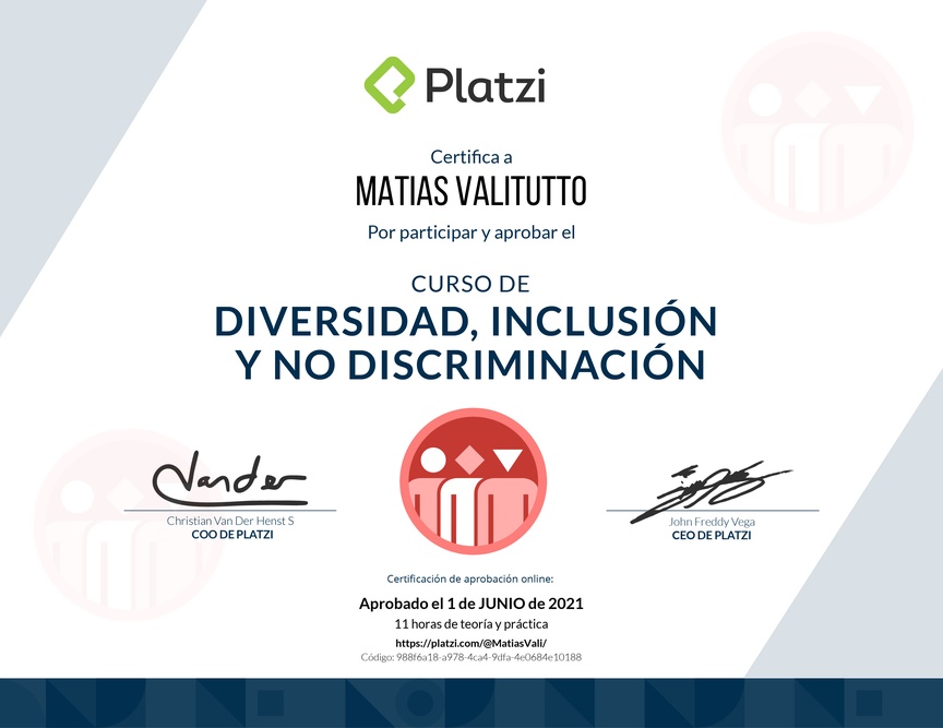 Diploma del Curso de Diversidad, Inclusión y No Discriminación