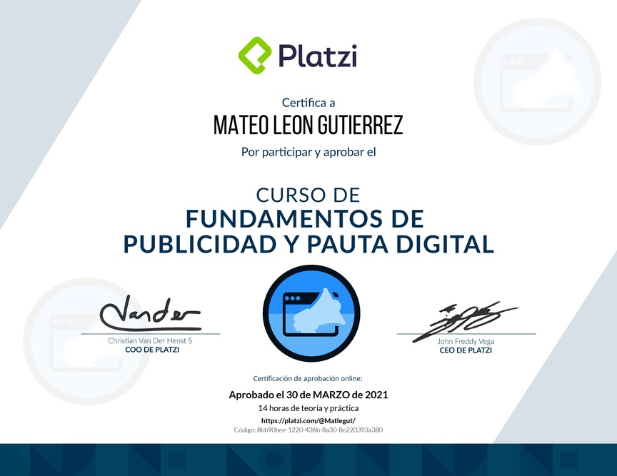 Diploma del Curso de Fundamentos de Publicidad y Pauta Digital