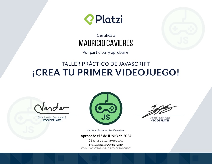 Diploma de Taller Práctico de JavaScript: ¡Crea tu Primer Videojuego!