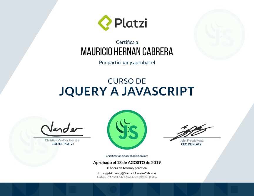 Diploma del Curso de jQuery a JavaScript 2018