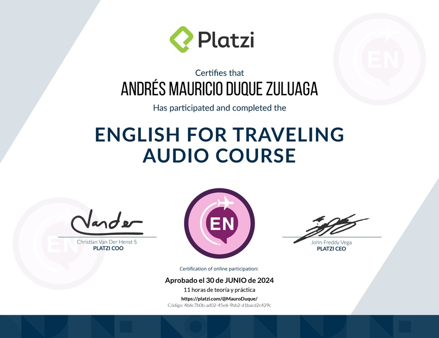 Diploma de Audio Curso de Inglés para Viajes