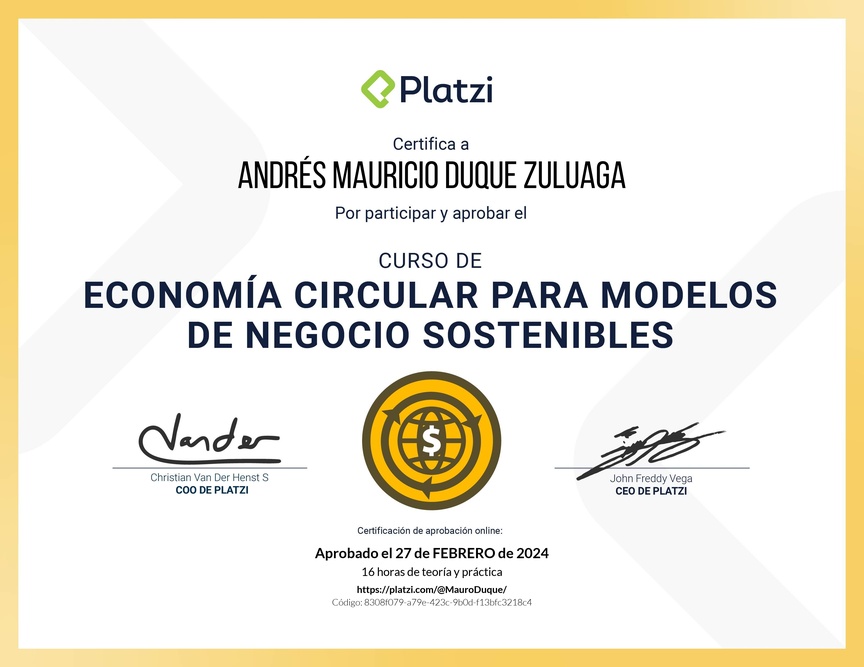 Diploma del Curso de Economía Circular para Modelos de Negocio Sostenibles