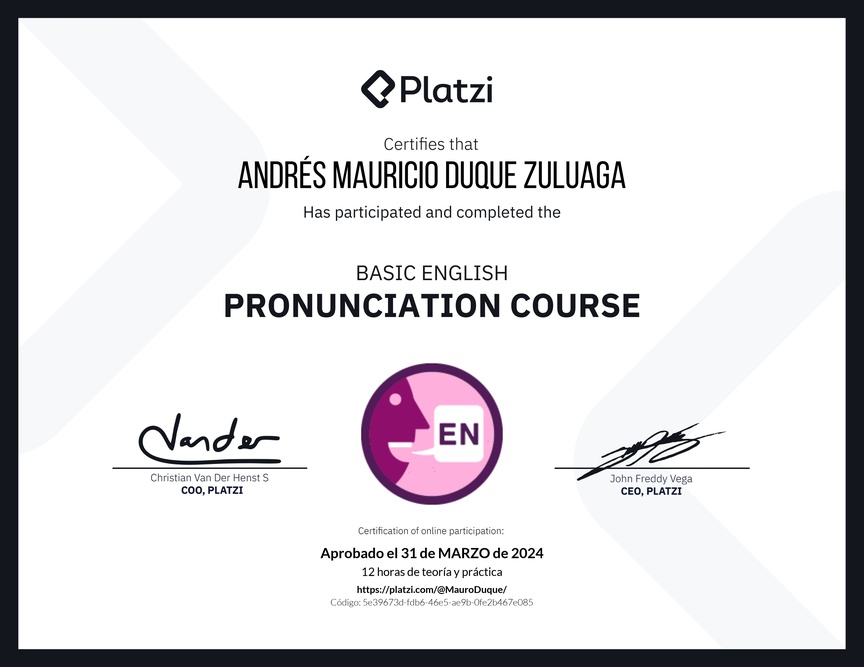 Diploma del Curso Básico de Pronunciación en Inglés
